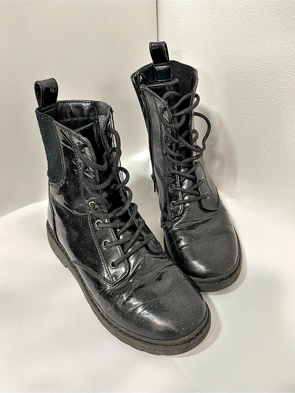 GIRLS FLAWED BLACK GLITTER COMBAT BOOTS LUG SOLE HALLOWEEN COSTUME ART CLASS 3